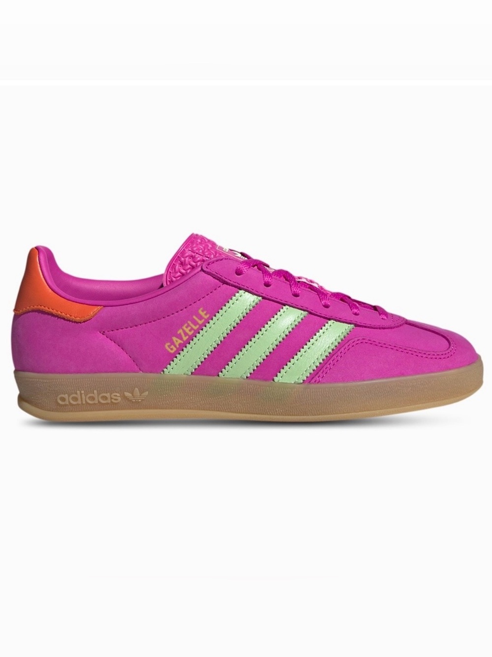 adidas Gazelle Women’s Hot Pink Suede Sneakers with Mint Stripes and Orange Heel